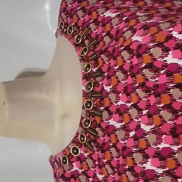 RUBY RD Abstract Print Top Embellished Neckline 3/4 Sleeve Blouse Contemporary - Picture 2 of 4